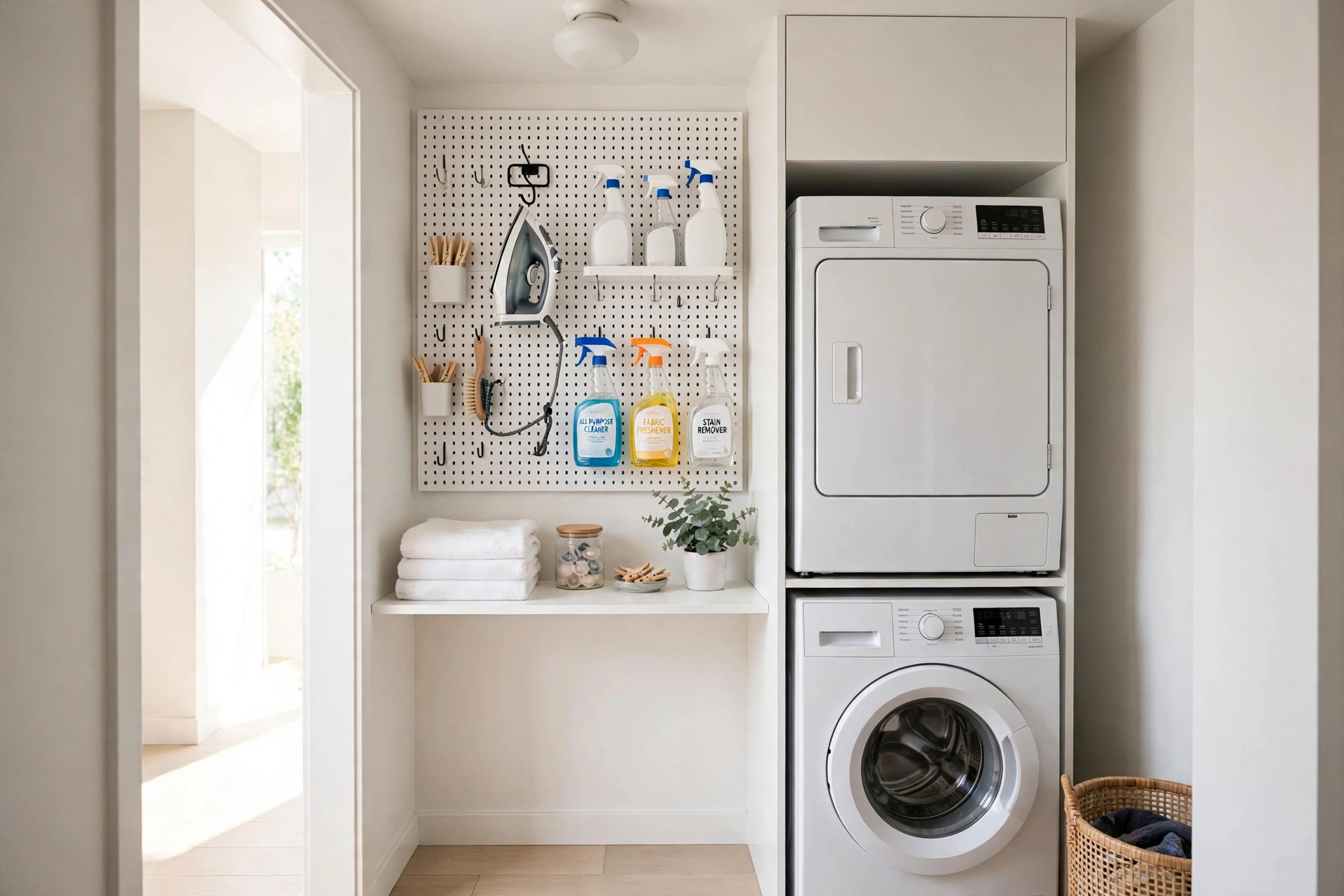 Pegboard wall organizer — small narrow laundry room idea