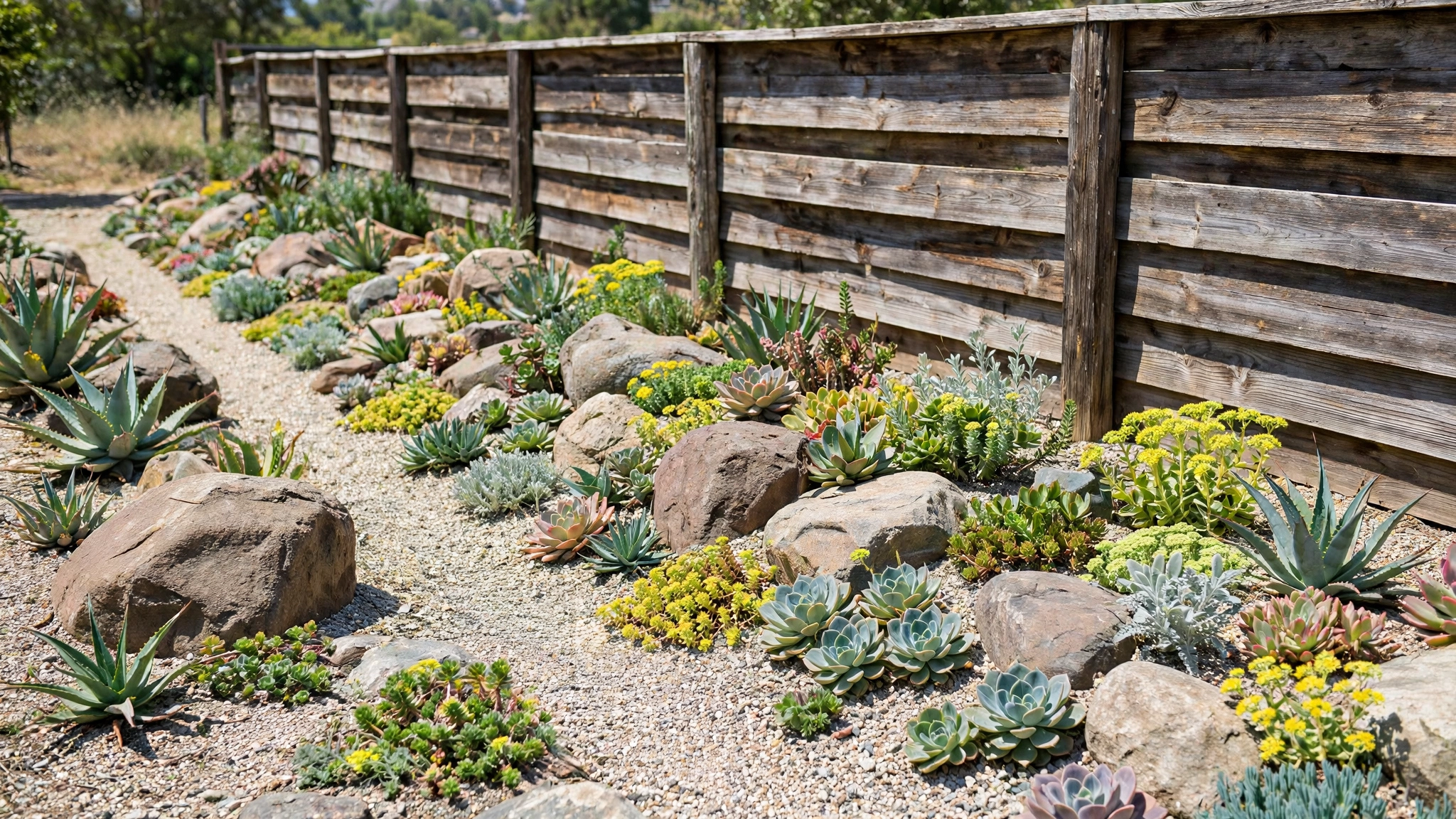 A rock garden strip with boulders, gravel, and succulents along a wooden fence.