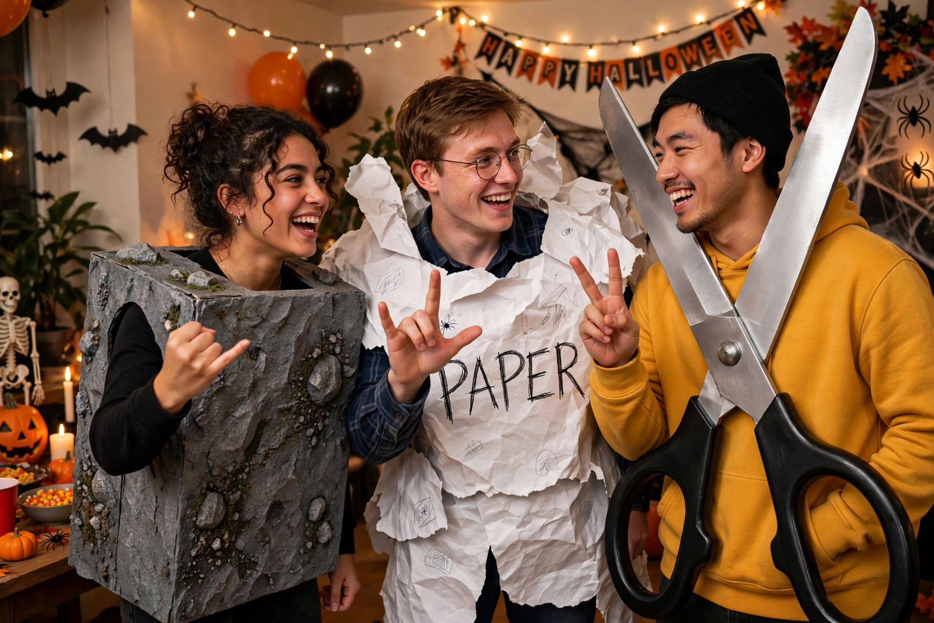 Rock paper scissors trio group costume - funny Halloween costume idea