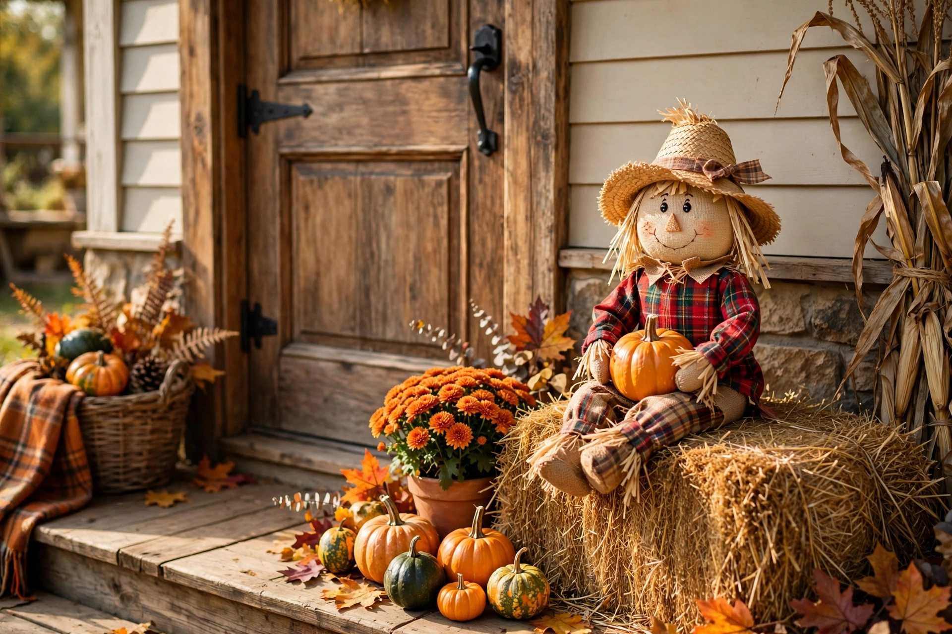 Small decorative scarecrow sitting on a hay bale with a pumpkin by a door.