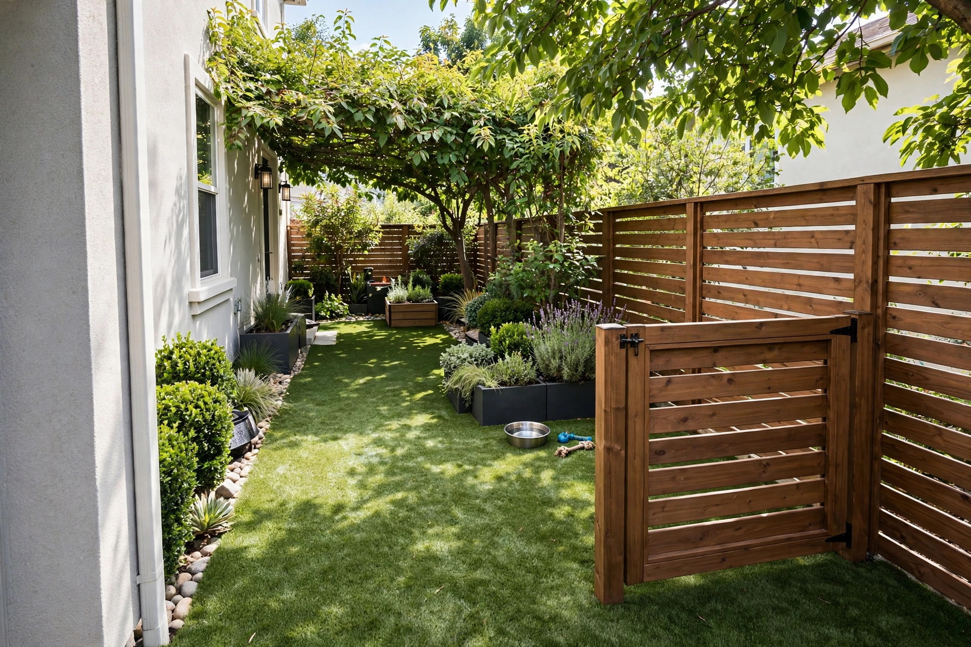 Side yard dog run with artificial turf, low fence gate, shaded corner and water bowl, tidy landscaping.
