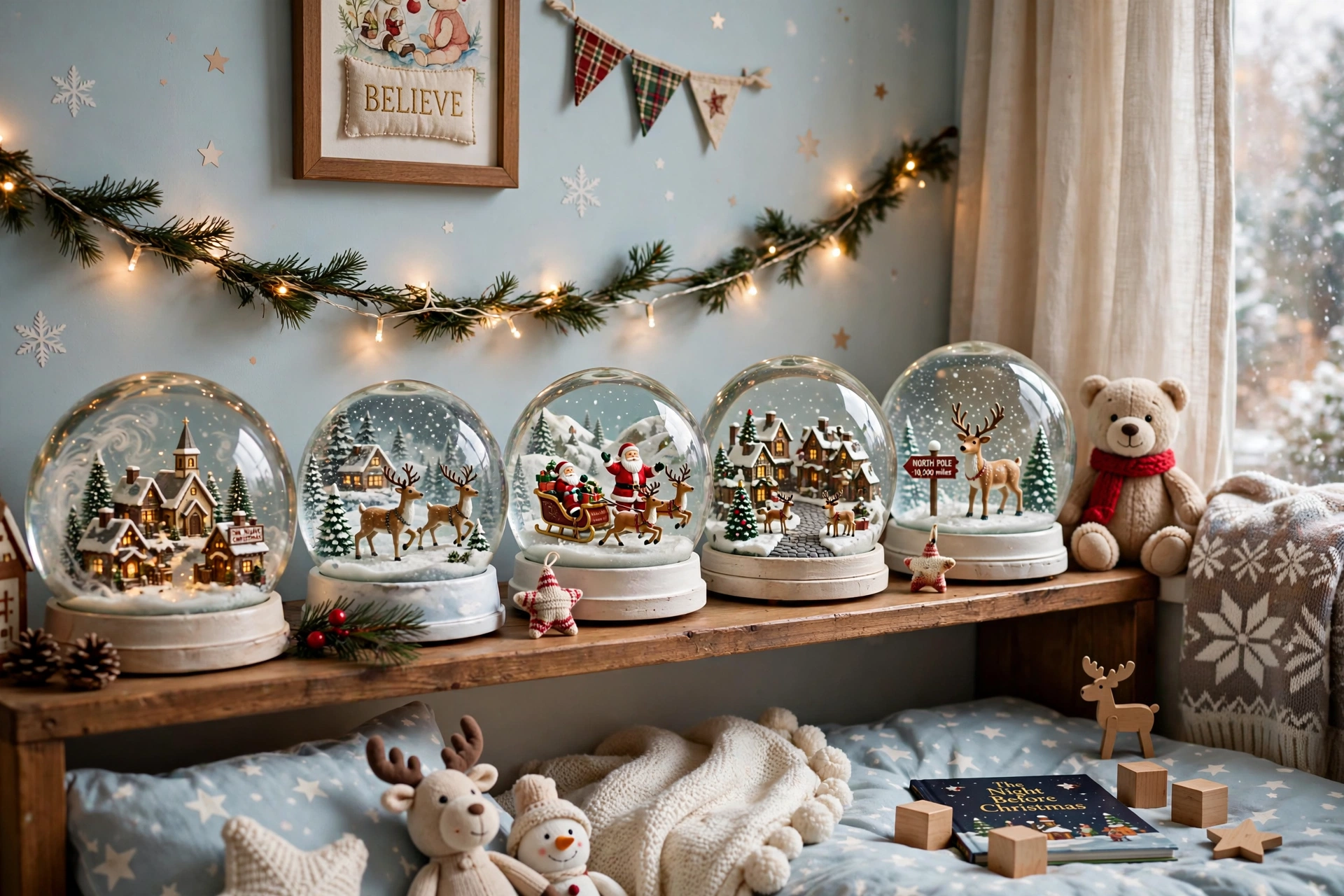 Snow globe shelf — Christmas bedroom idea for kids