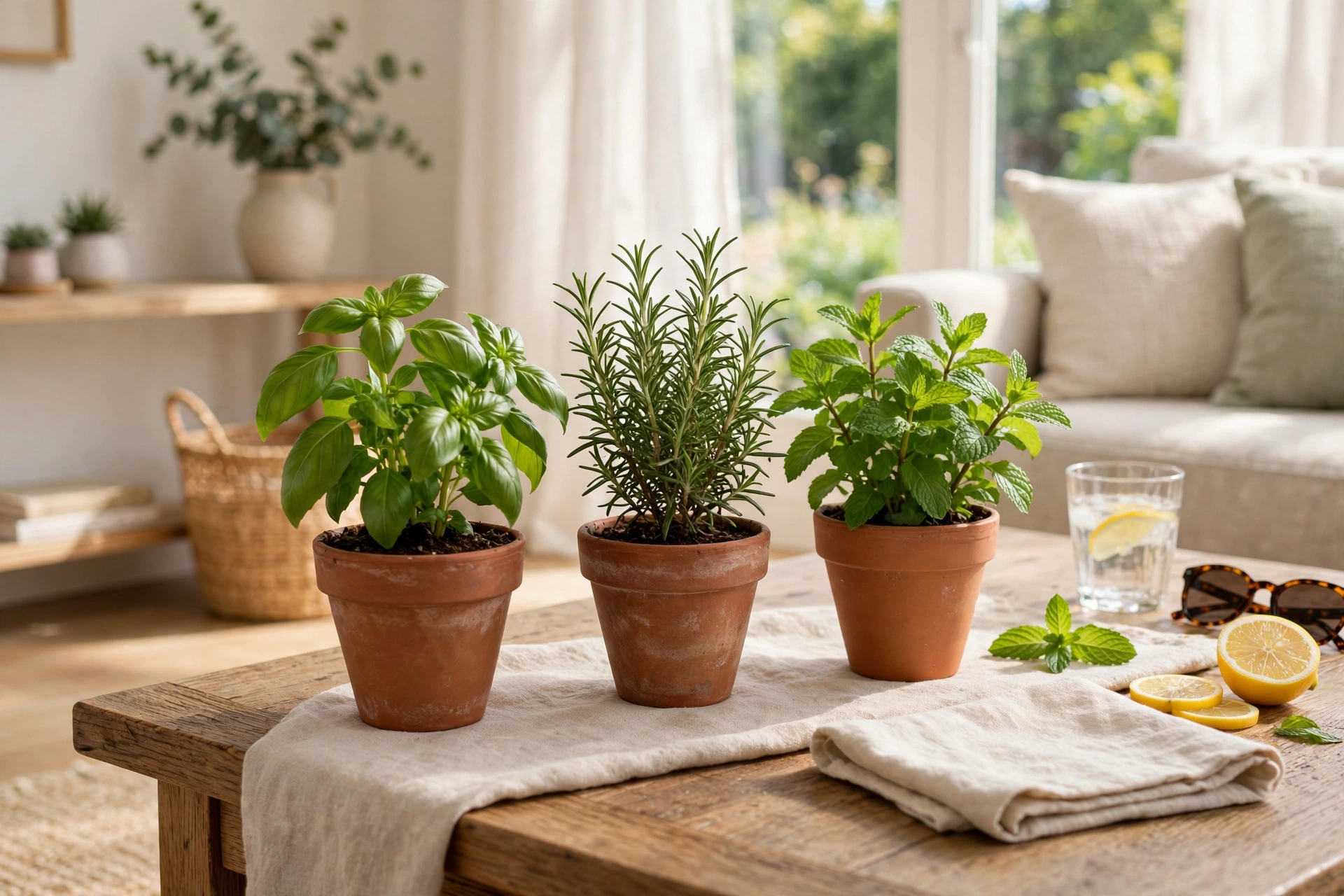 Three small terracotta pots with fresh basil, rosemary, and mint on a coffee table in a bright living room.