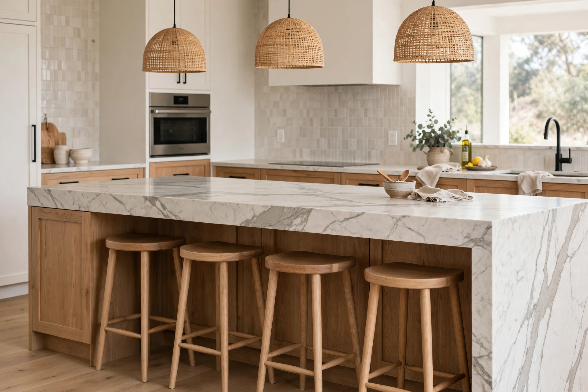 Backless bar stools tucked fully under a kitchen island overhang.