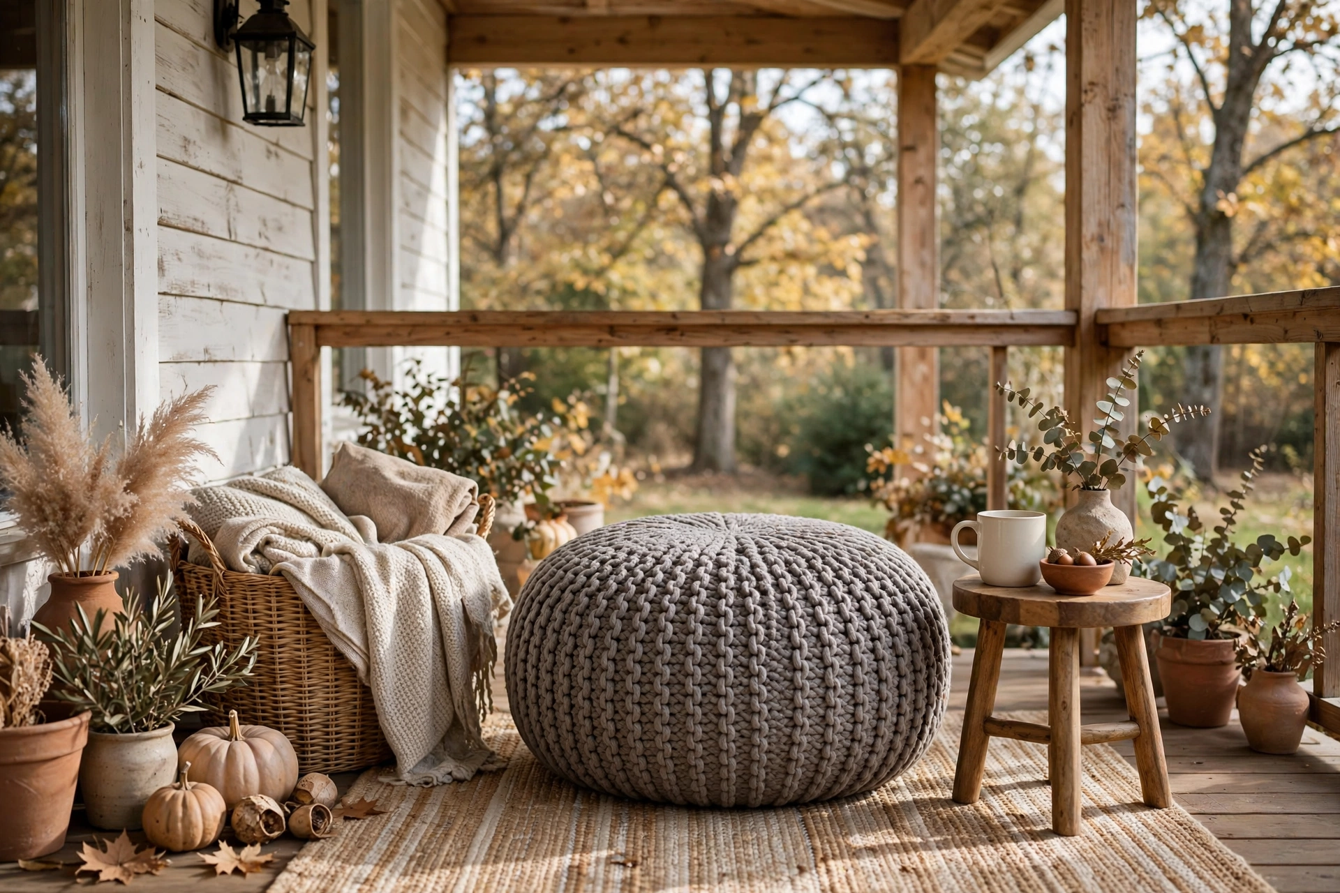 Cozy porch reading nook with a warm gray outdoor pouf and throw basket.