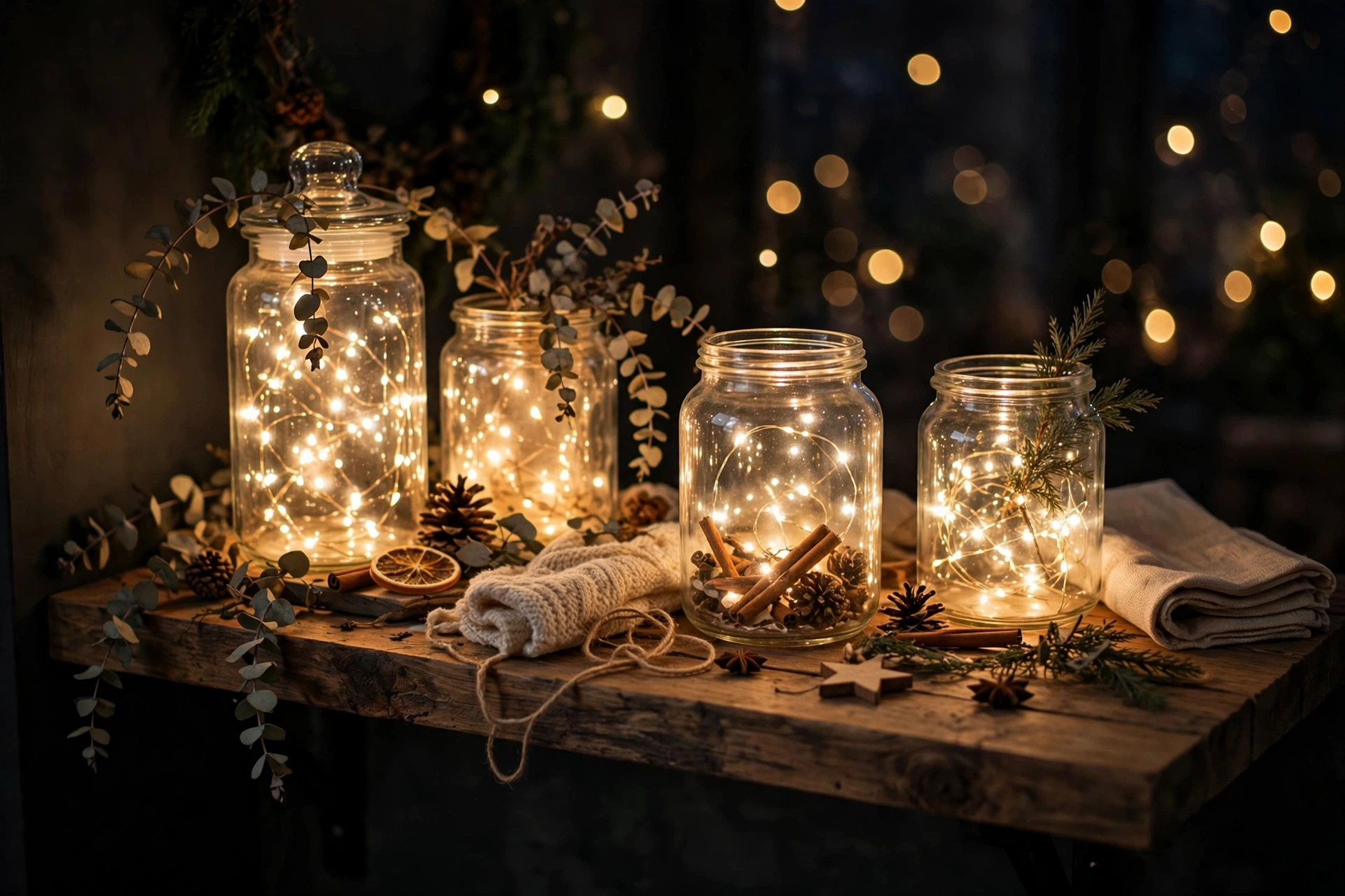 Warm white fairy lights glowing inside glass jars on a wooden shelf at night.