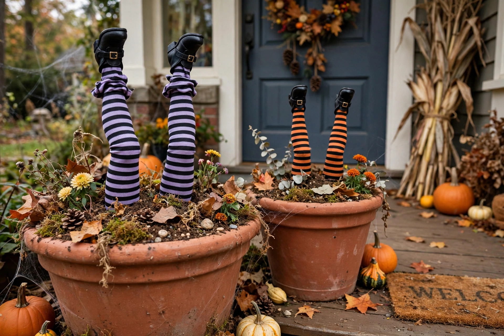 Striped witch legs with tiny shoes sticking upside down out of porch planters.