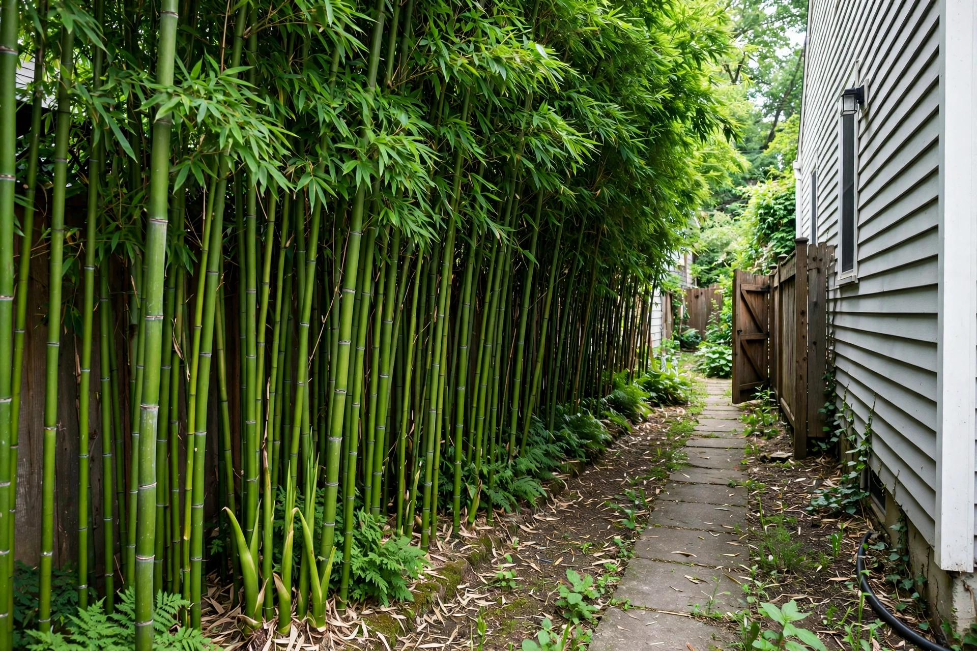 Tall clumping bamboo privacy screen planted along a property line in a narrow side yard, lush green canes.