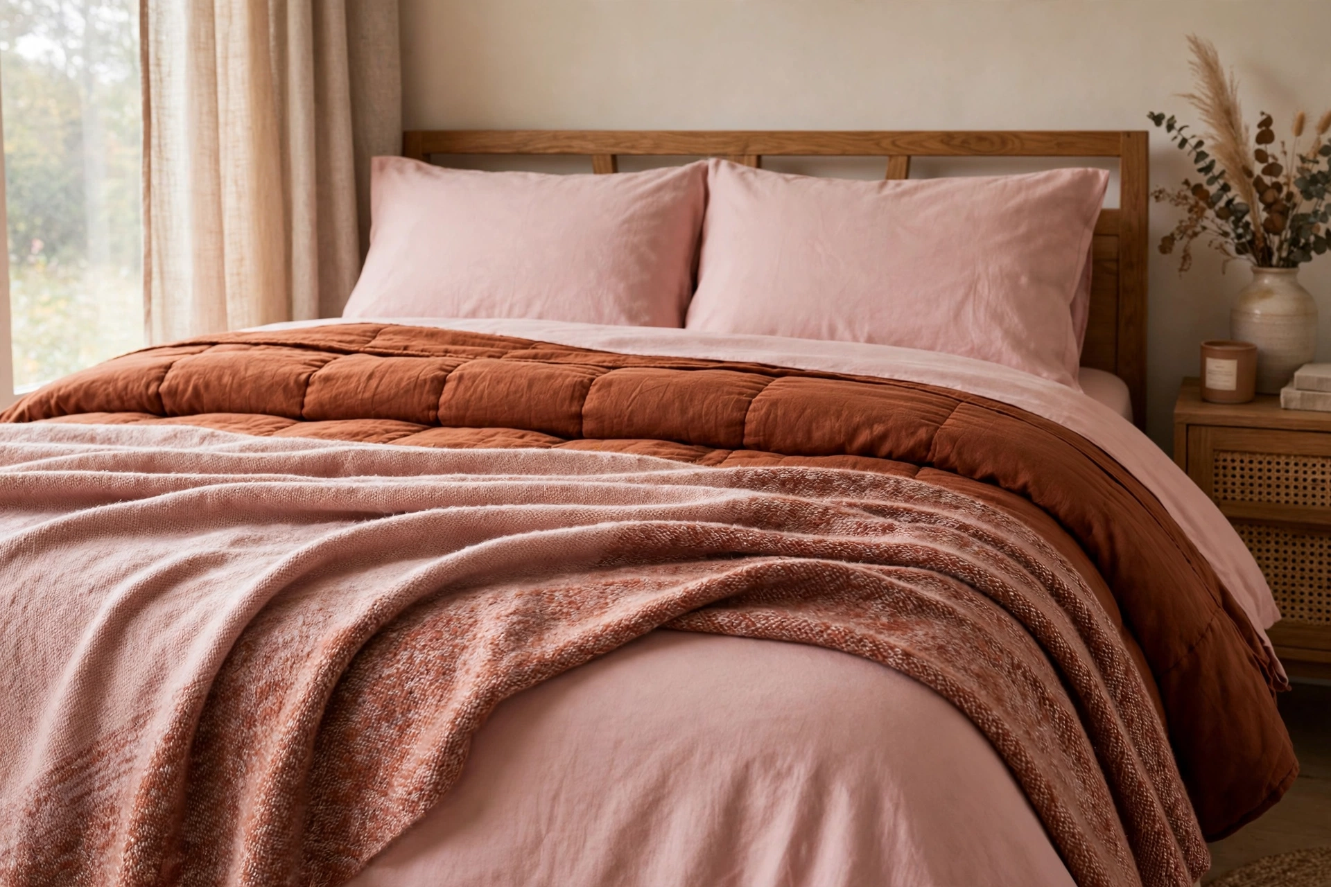 Blush pink sheets with a rust duvet and a blended blush rust throw.