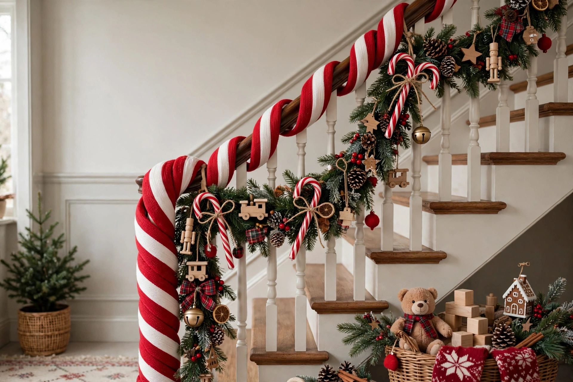 Red and white striped ribbon wrapped around a staircase handrail like a candy cane.