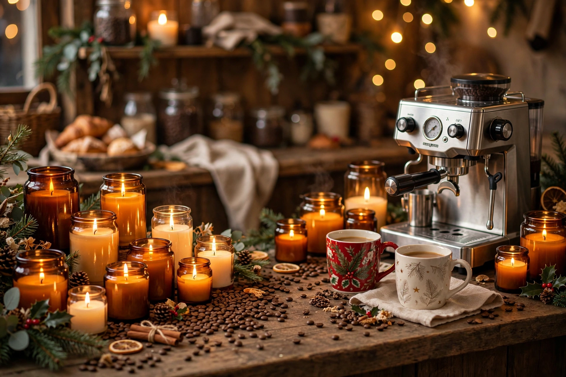 Coffee bar surrounded by amber jar candles at different heights