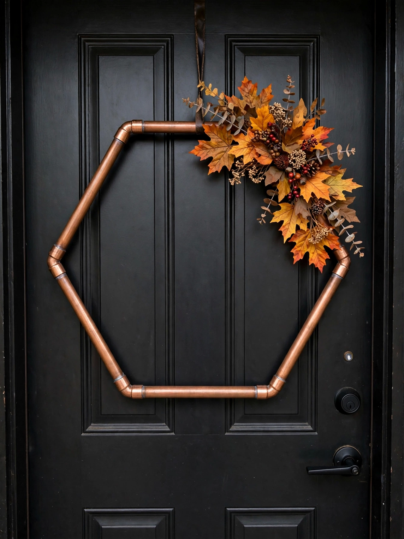 Hexagonal copper pipe wreath with fall foliage on one corner on a black door.