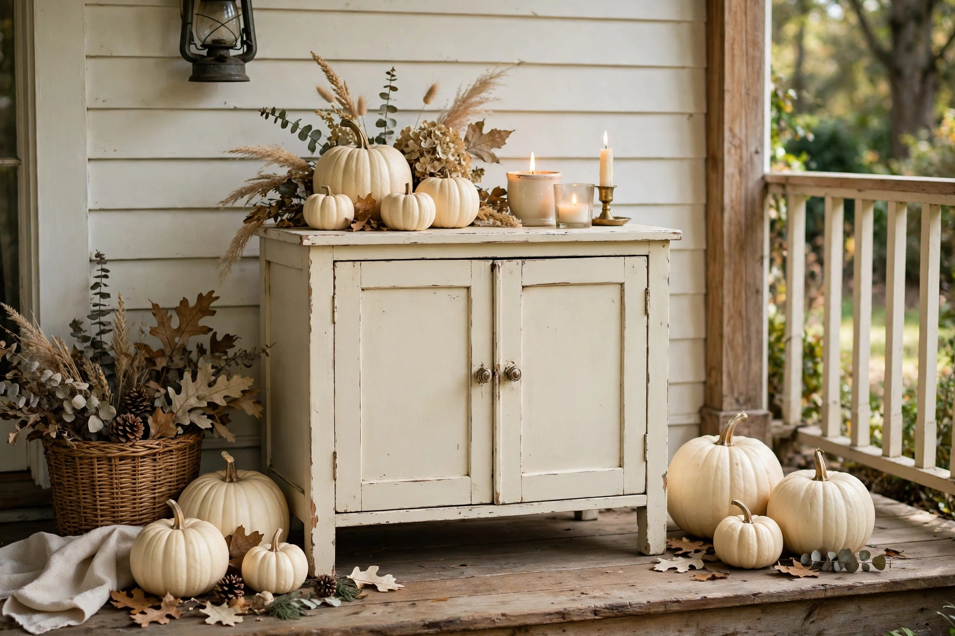 Small cream painted cabinet styled with pumpkins and candles on a porch.