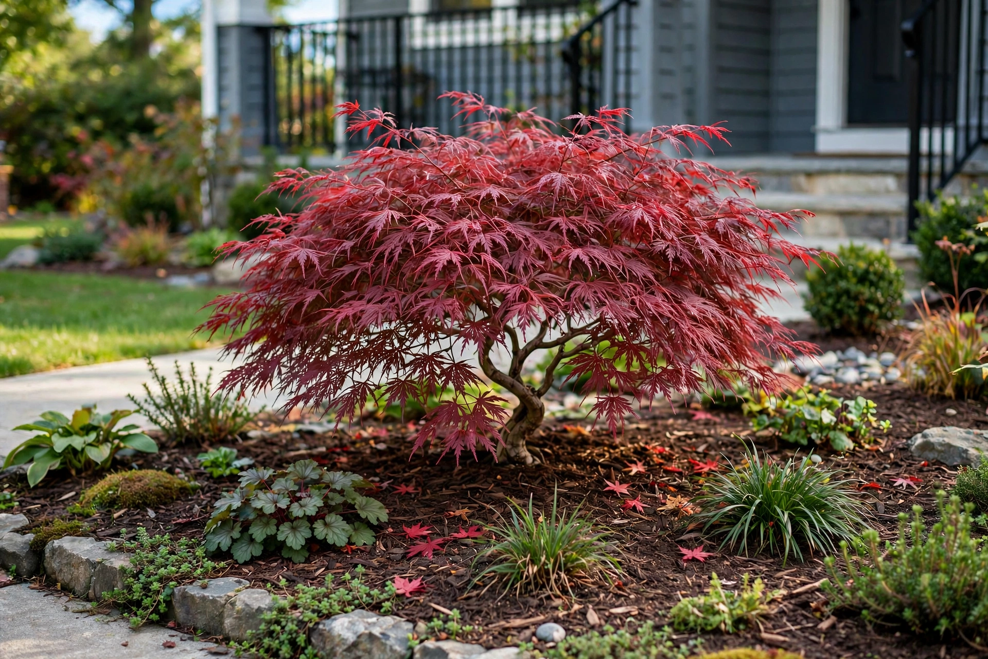 Dwarf Japanese maple with red foliage as a focal point in a front garden bed.