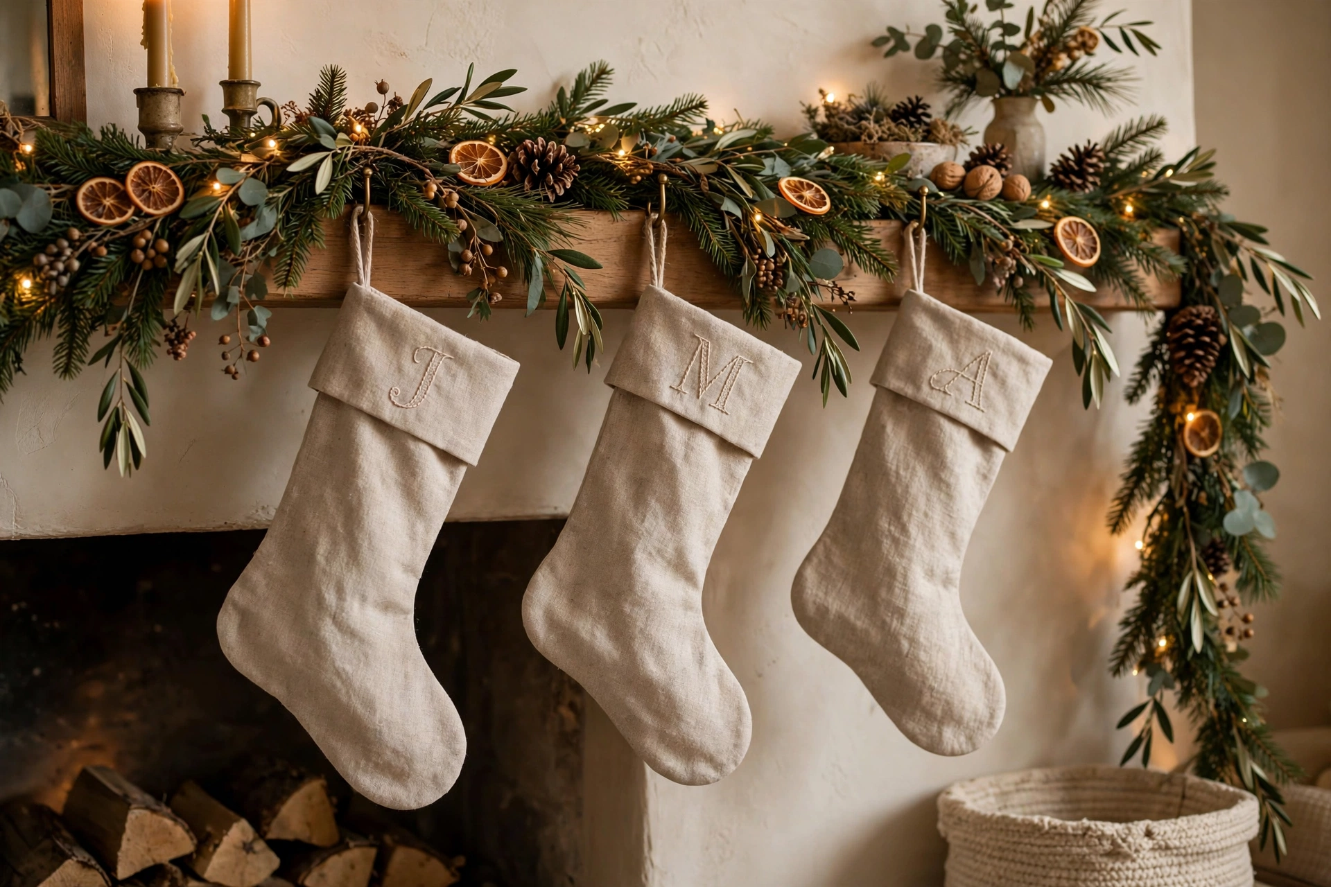 Embroidered initial stockings in neutral linen hung on a garland-covered mantel.