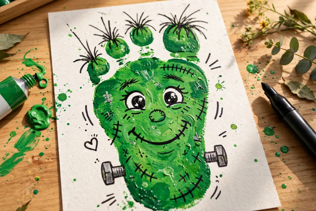 Footprint Frankenstein art — Halloween craft for children
