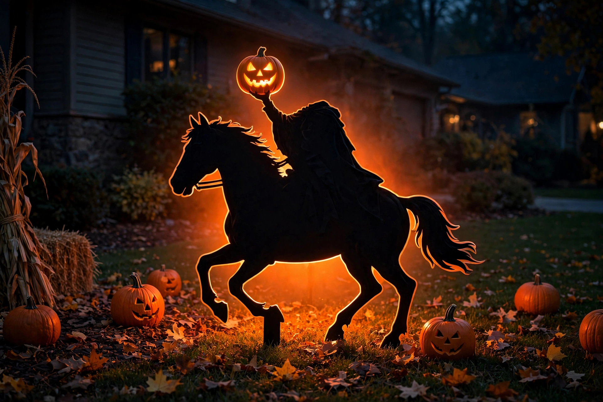 Headless horseman silhouette holding a glowing jack-o-lantern head on a lawn at night.