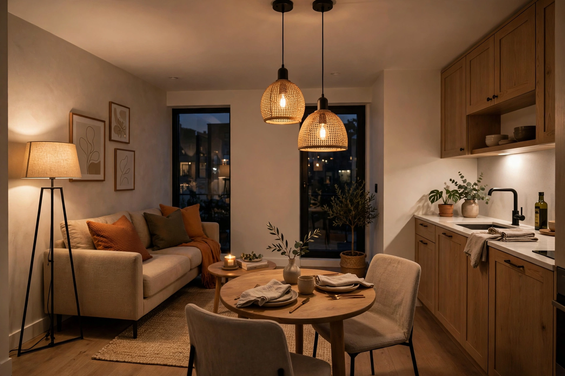 Warm layered lighting with pendants and a floor lamp in a small open plan at evening.