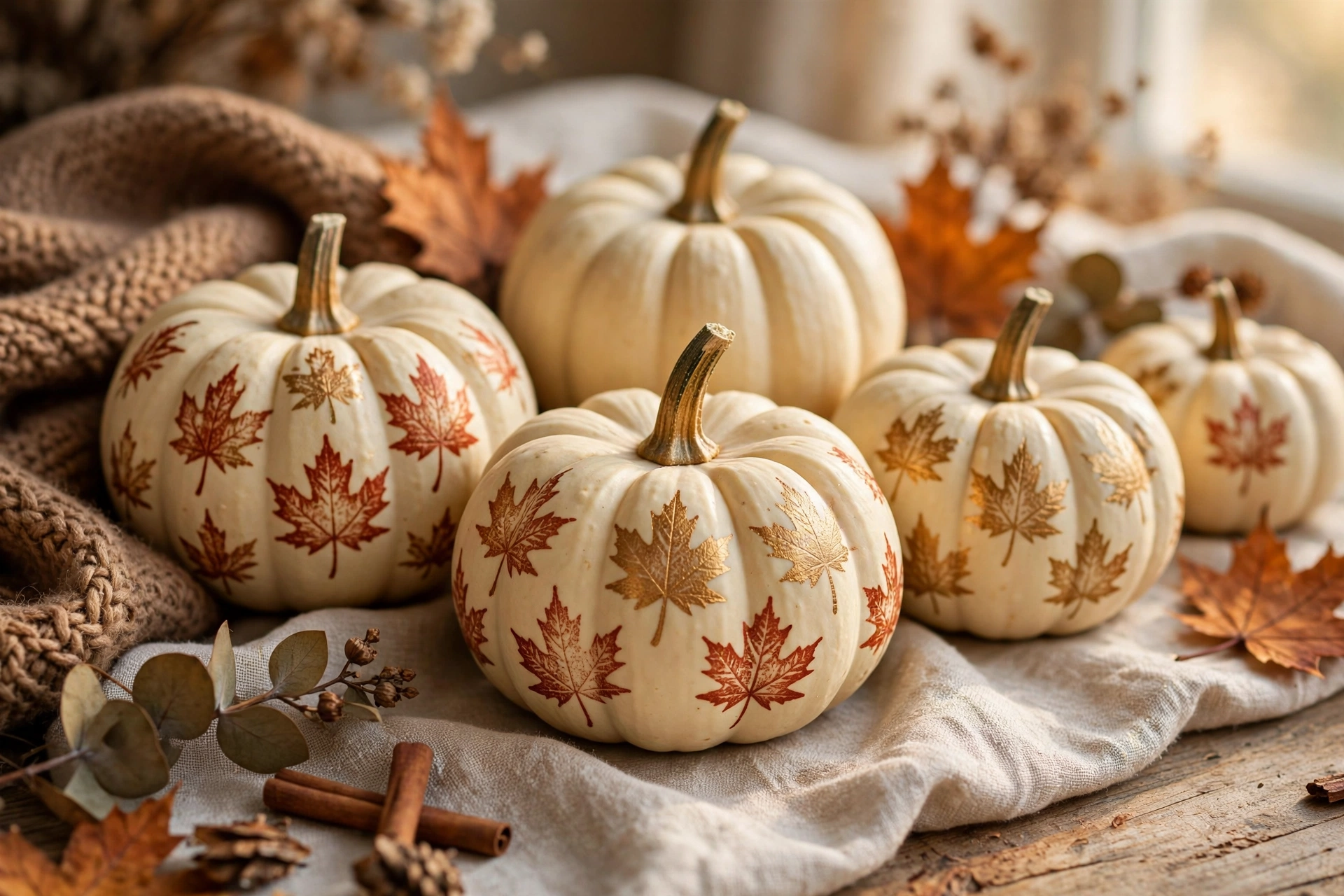 Leaf-stamped mini pumpkin — mini pumpkin painting idea