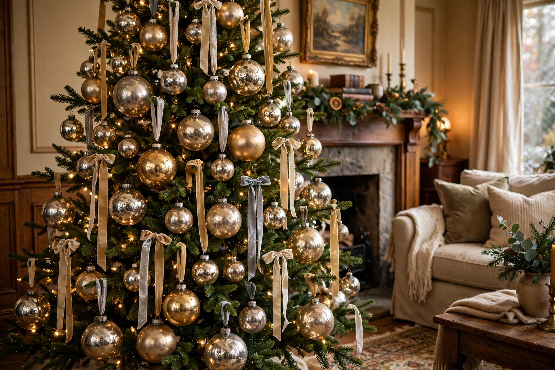Christmas tree decorated with silver mercury glass ornaments with antique finish