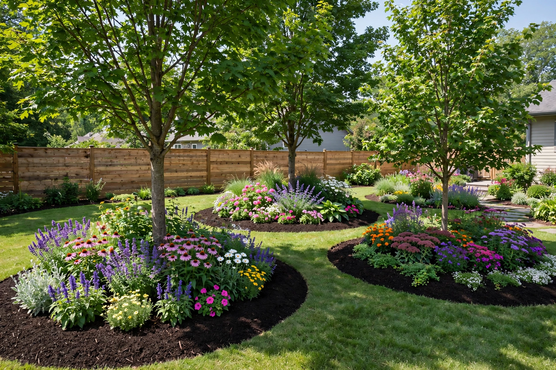 Fresh dark mulch ring flower beds around backyard trees, planted with colorful perennials and clean edges