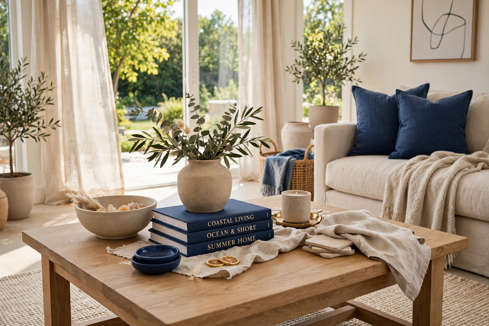 Coffee table styled in a navy and sand palette with navy books, sand ceramics, and linen in a bright living room.