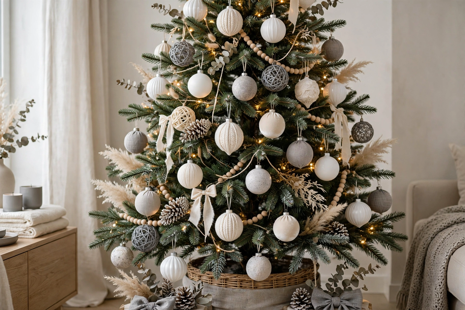 Christmas tree decorated with neutral baubles in white, cream and grey tones.