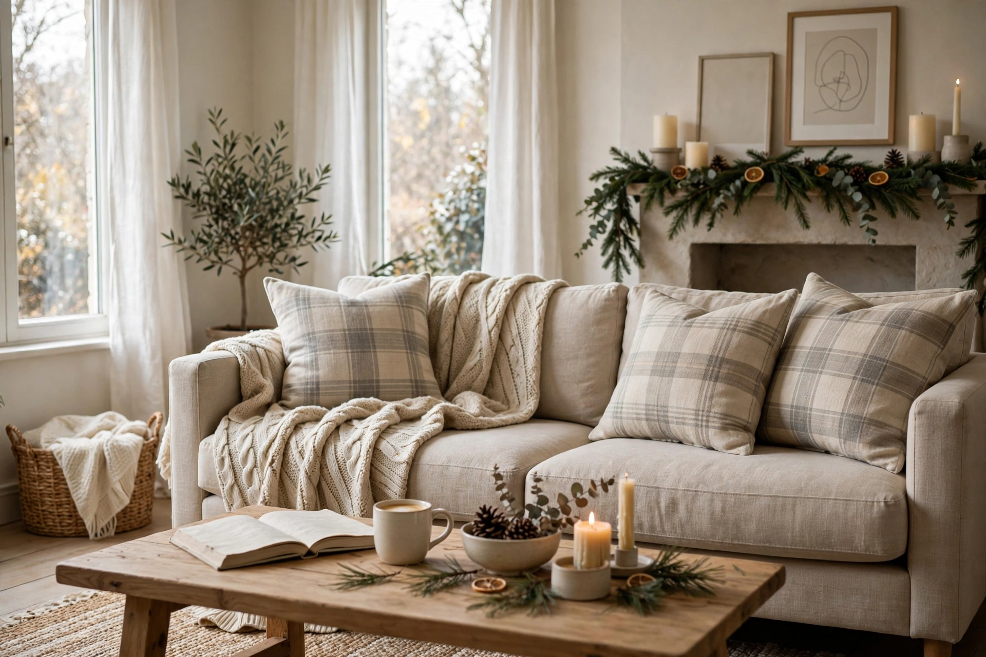 Neutral plaid throw pillows in beige and cream on a sofa with a knit throw blanket.