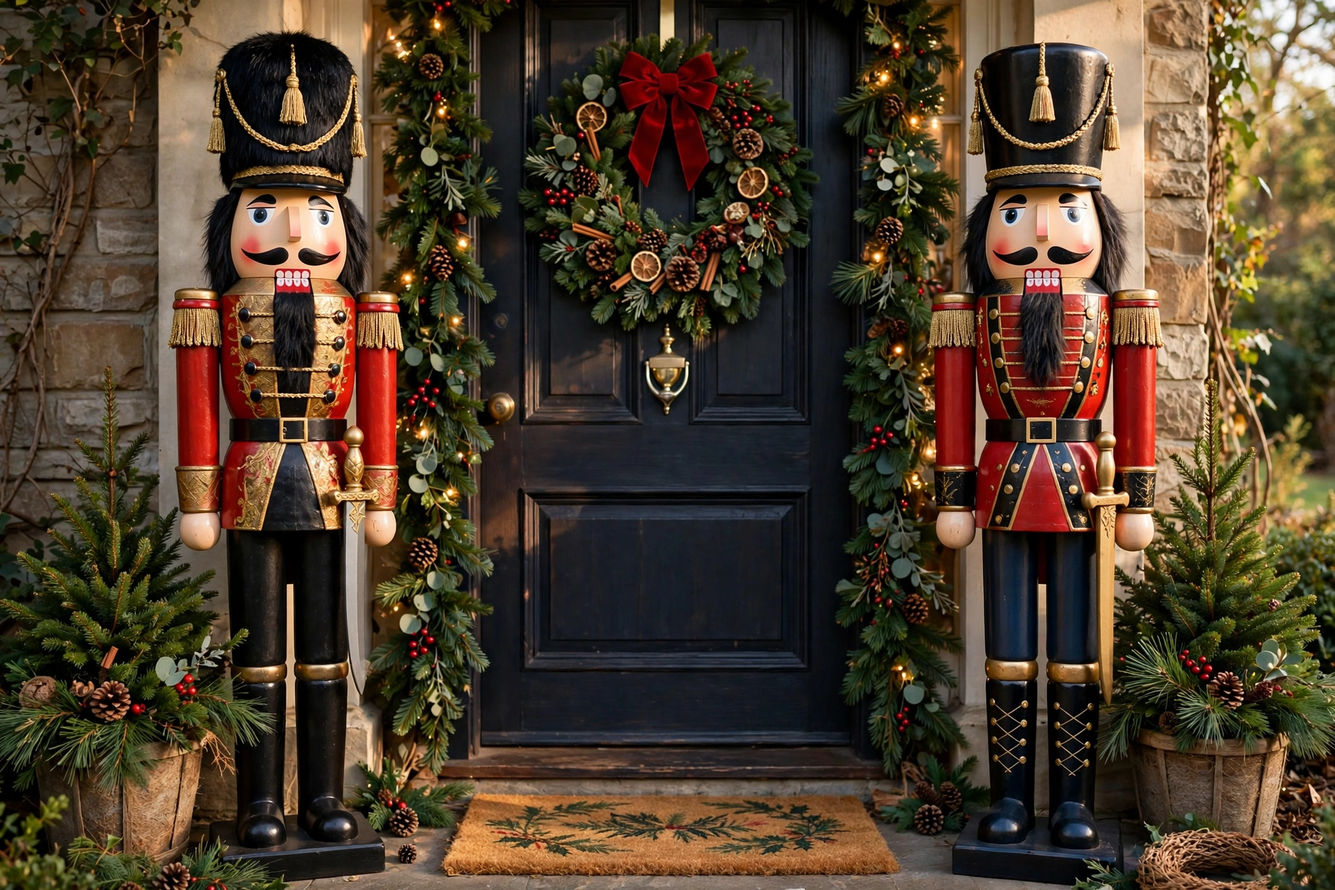 Nutcracker soldiers flanking the door — Christmas door idea
