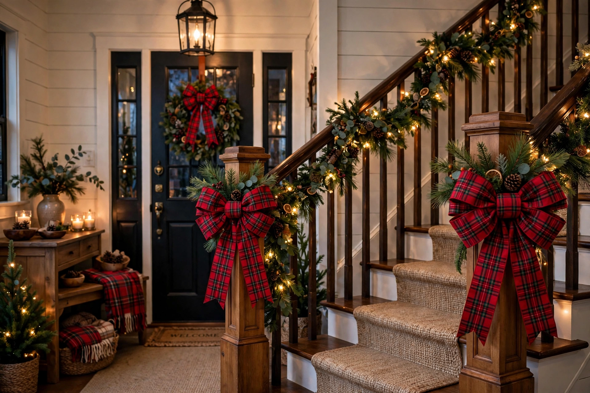 Plaid bows tied on stair newel posts in a Christmas entryway