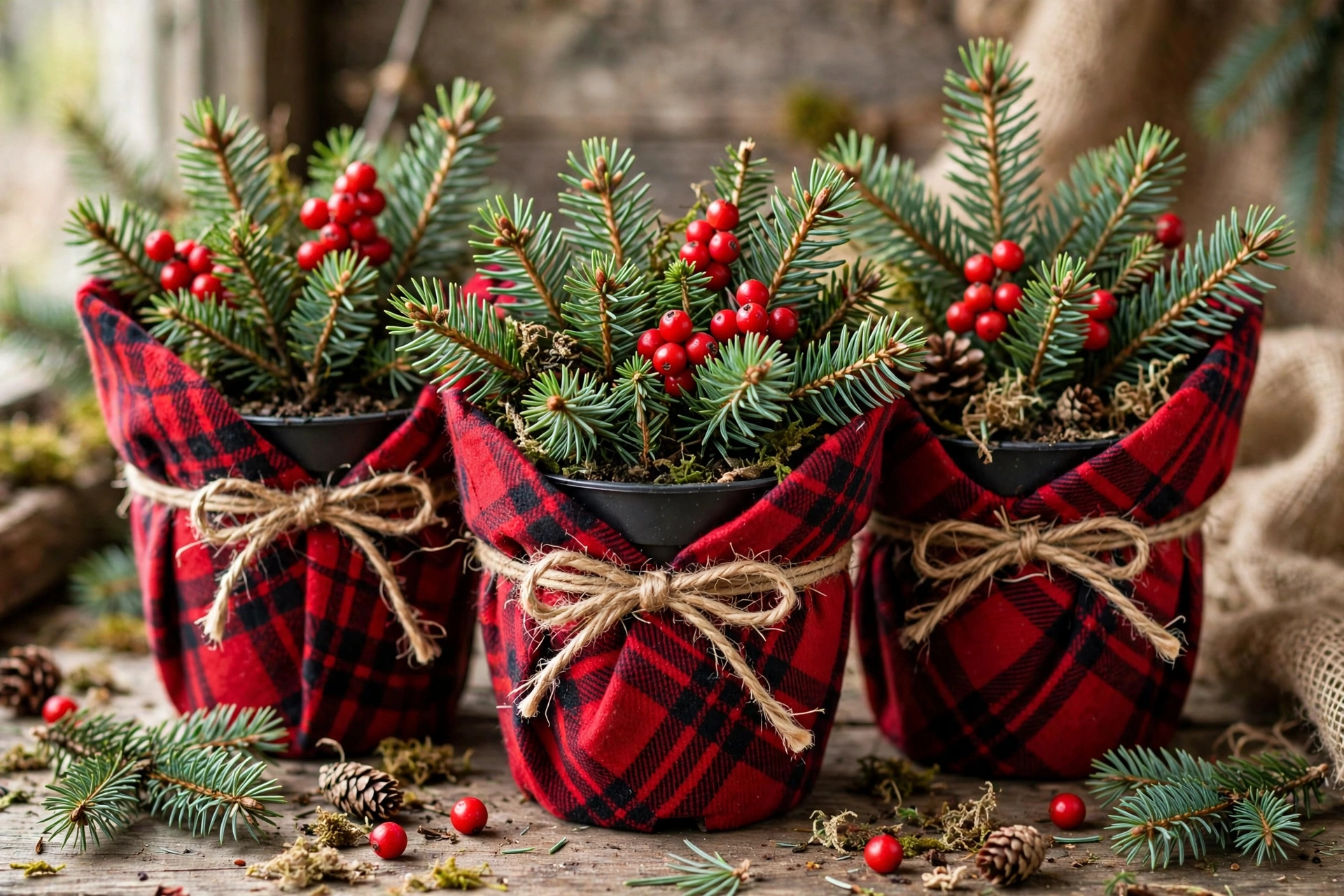 Nursery pots wrapped in red plaid flannel with spruce tips and berries.