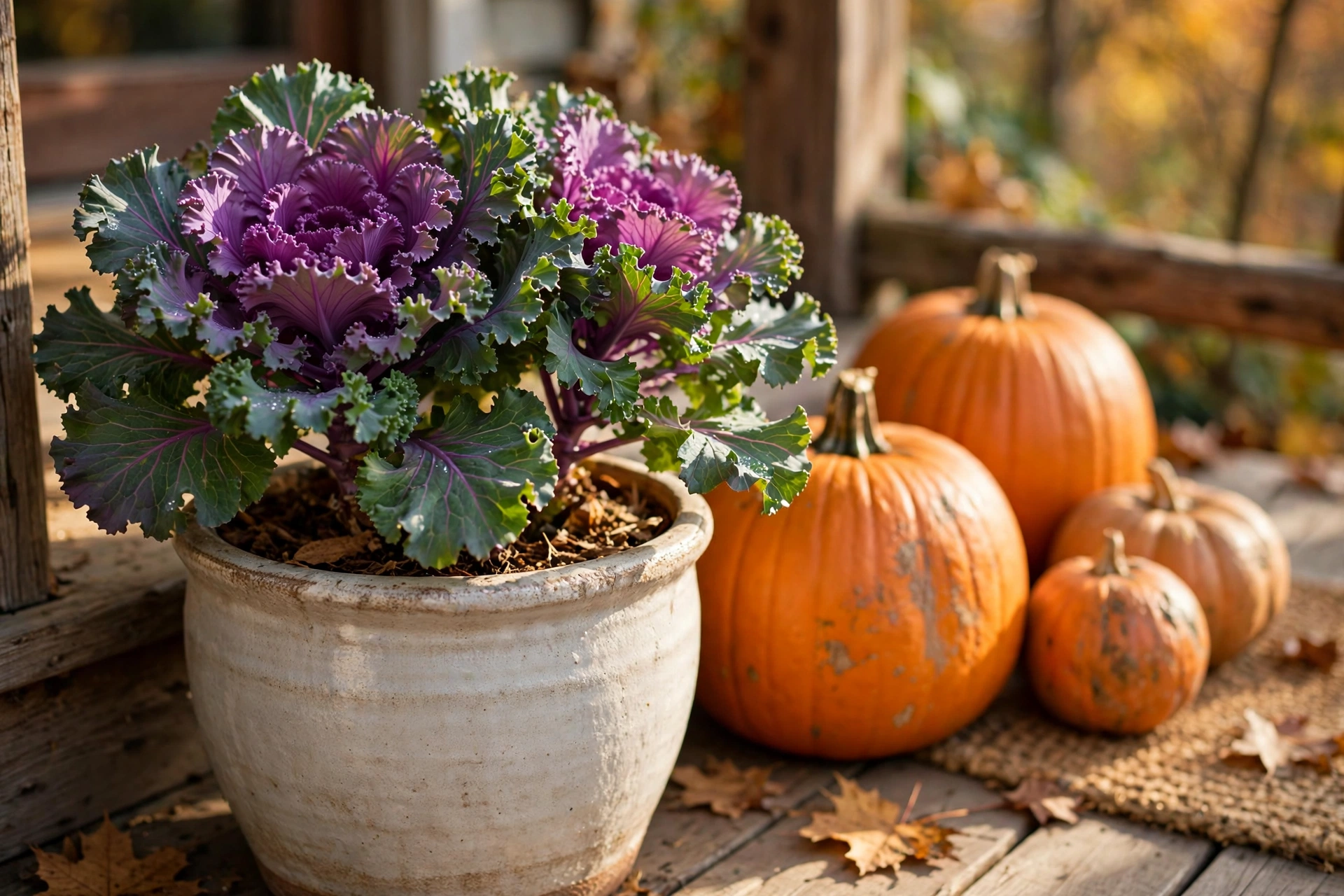 Ornamental kale in a ceramic pot beside pumpkins on a porch.