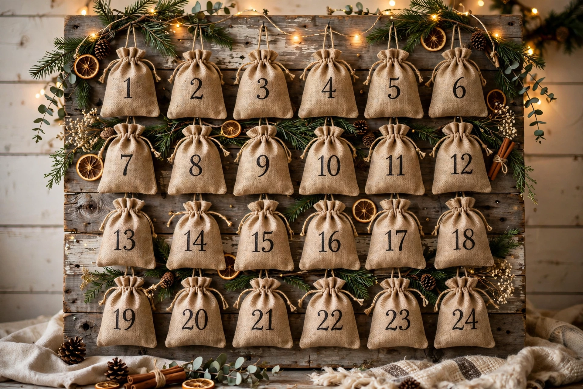 Rustic advent calendar made of numbered burlap bags hanging on a reclaimed wood board.