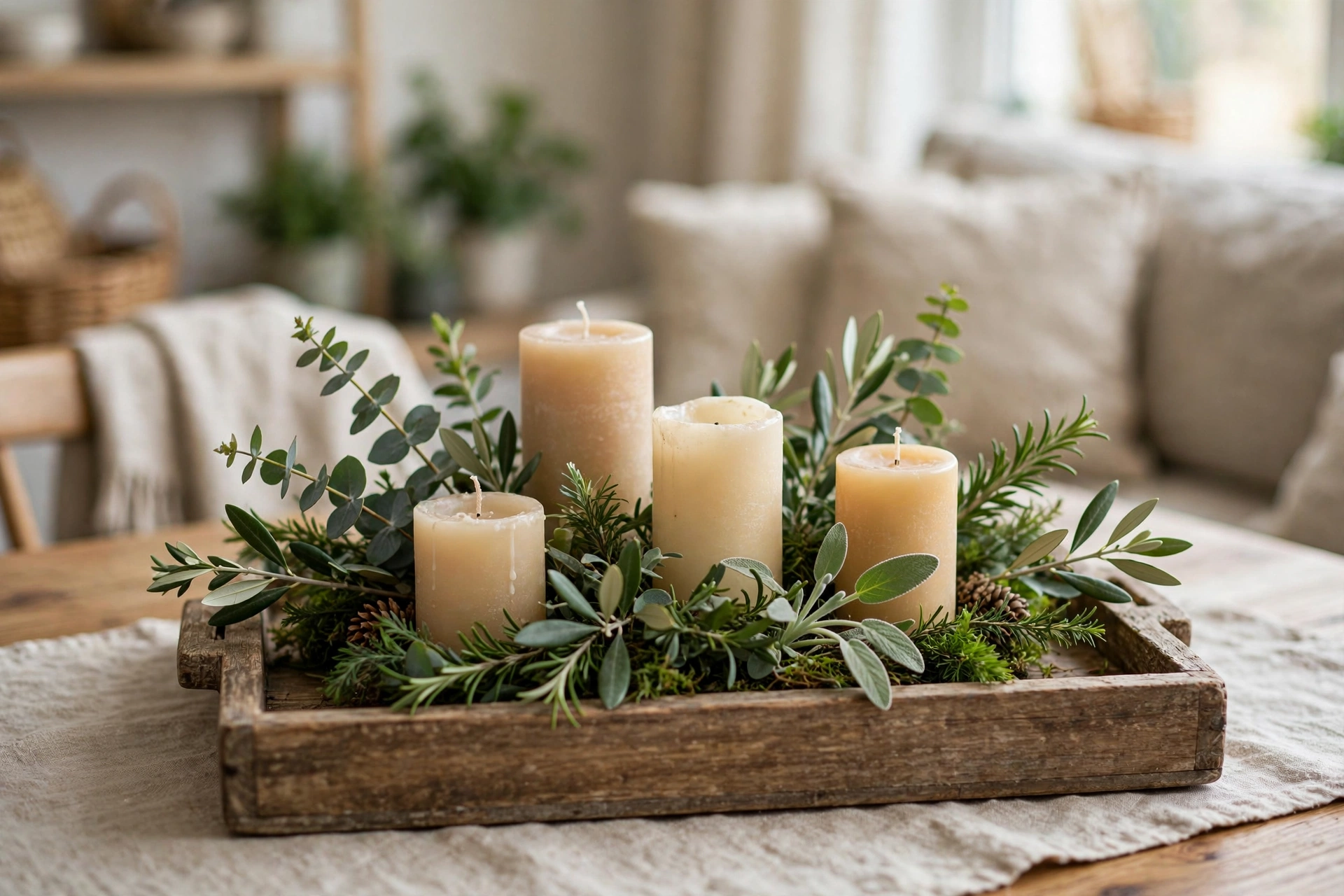 Simple seasonal centerpiece tray with greenery and candles on a dining table.