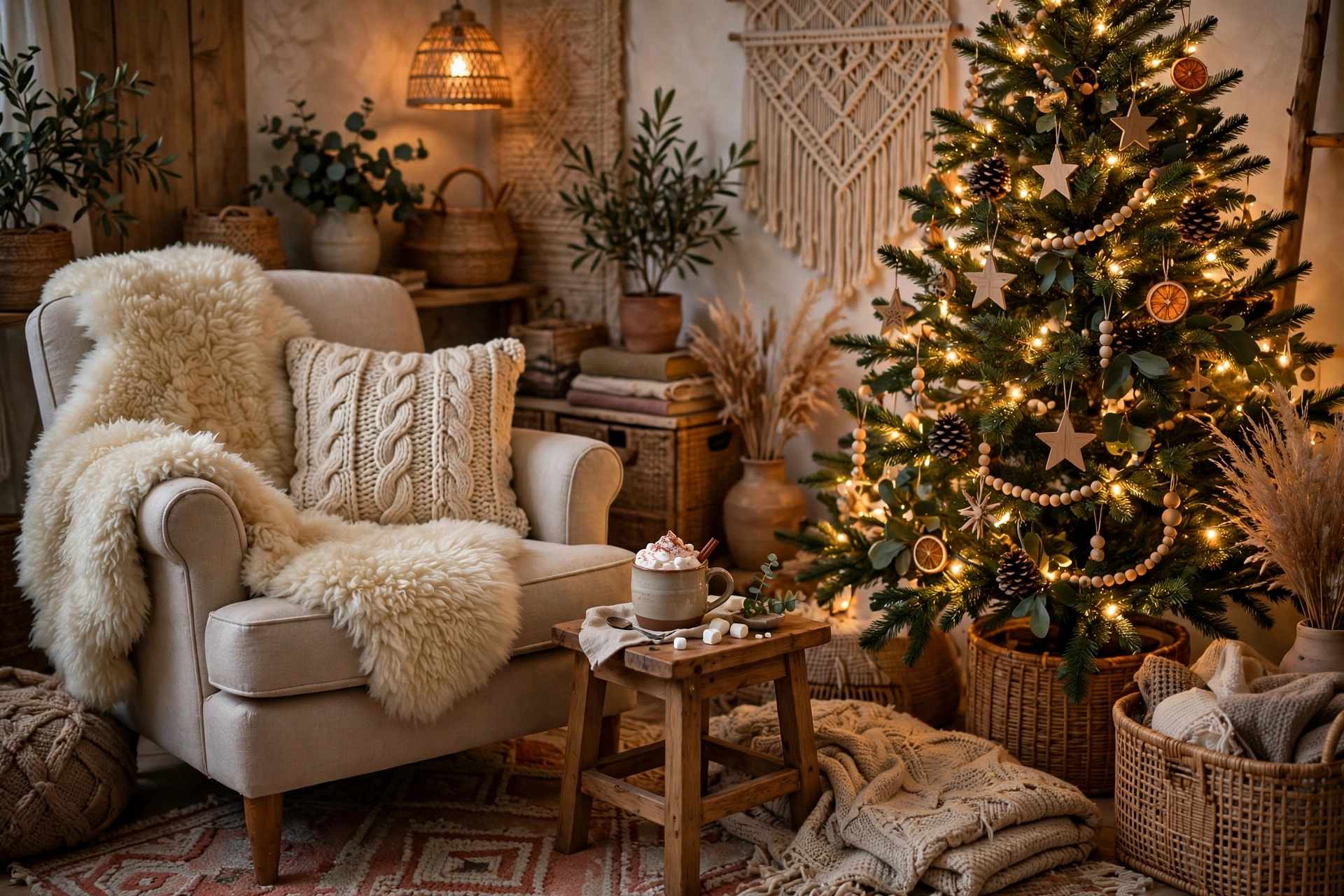 A cozy armchair draped with a sheepskin throw beside a Christmas tree