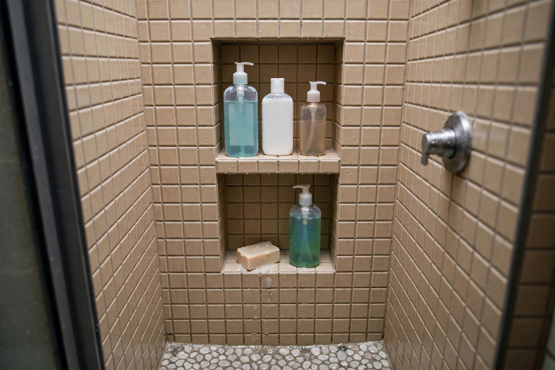 A tiled recessed shower niche with two shelves holding shampoo bottles and soap in a small shower, realistic photo, no text