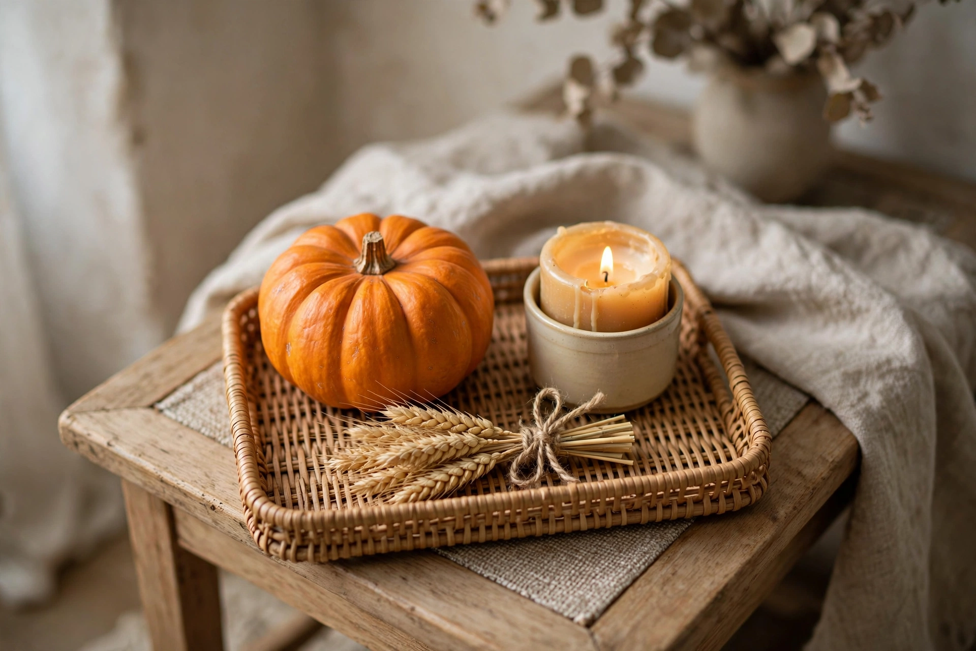 Small tray on a side table with one pumpkin, one candle, and a tiny wheat bundle.