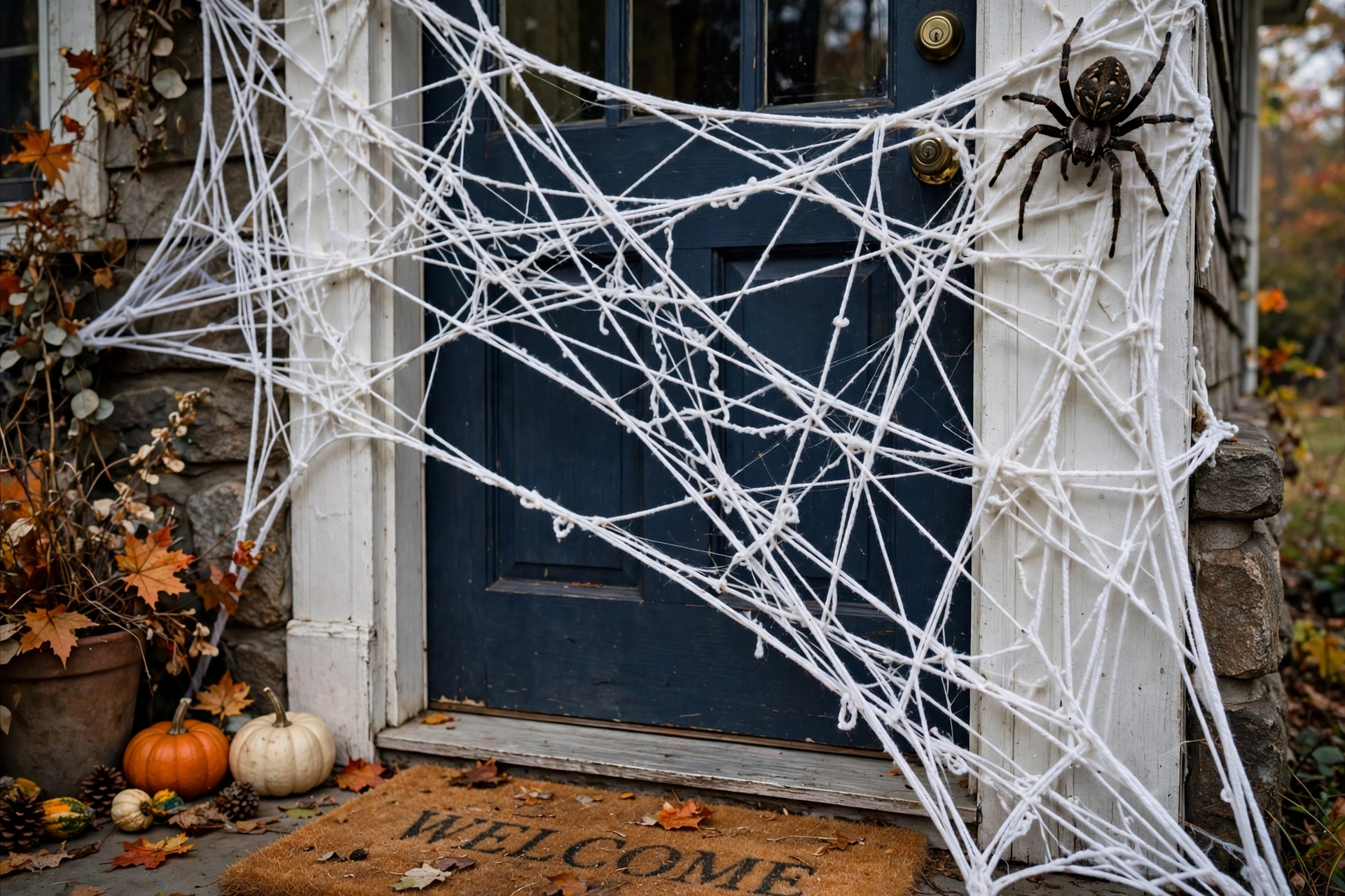 White yarn spider web stretched across a front door frame with a big spider in the corner.