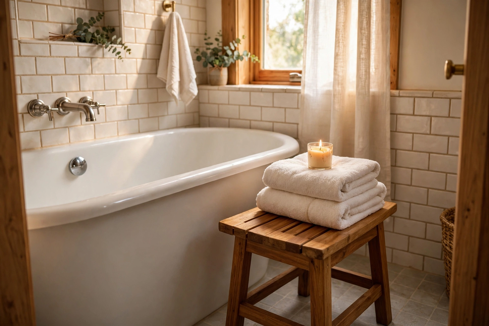 Teak shower bench in a small bathroom — small bathroom decor idea