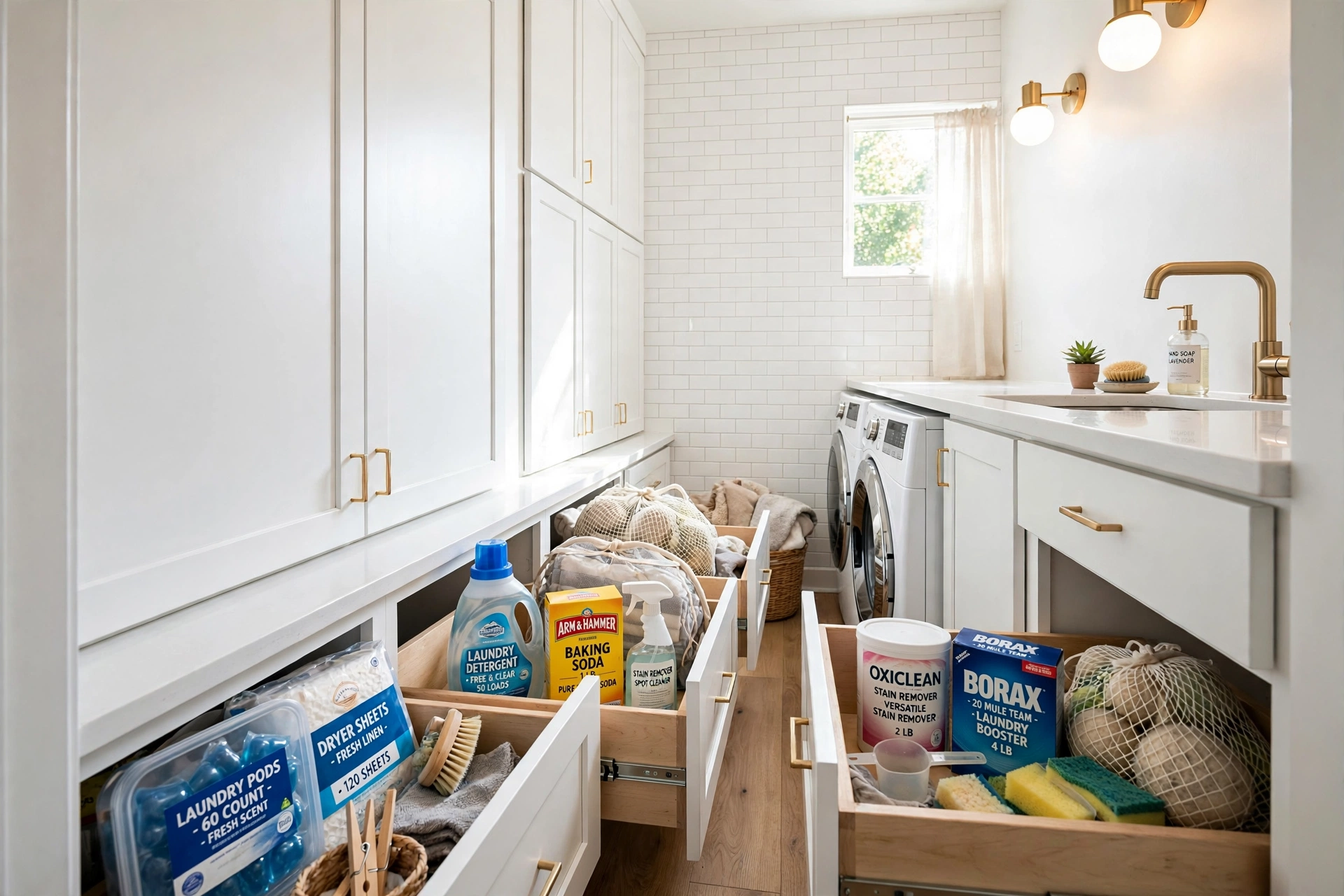 Toe-kick drawers under cabinets — small narrow laundry room idea