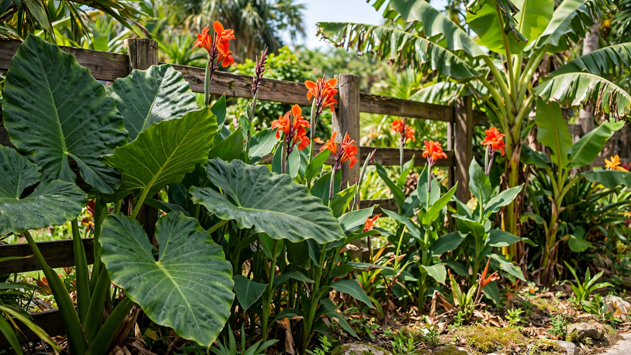 A tropical border with large elephant ears and canna lilies planted along a fence.