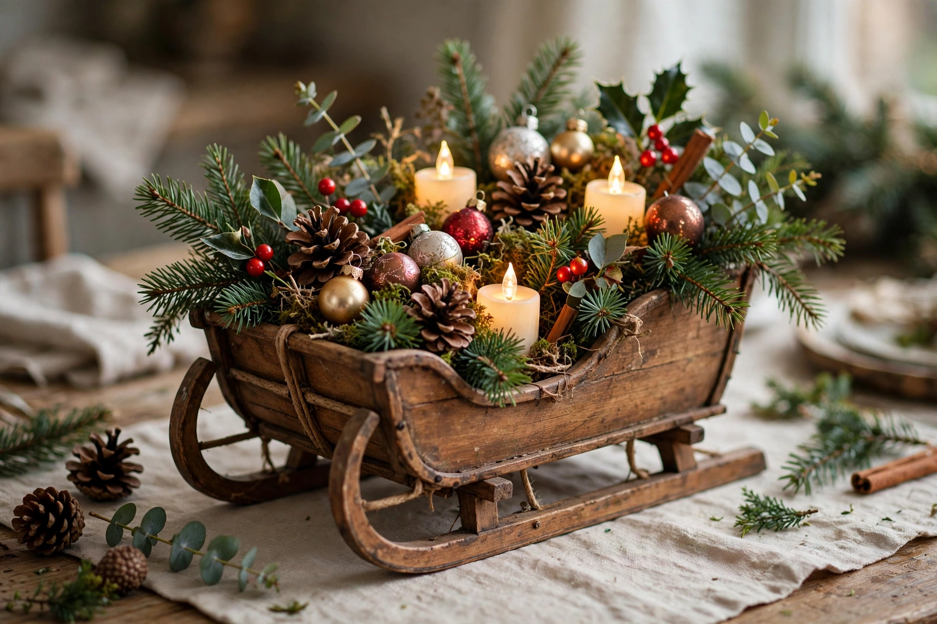 Small vintage sleigh filled with greenery, pinecones, ornaments, and glowing candles.