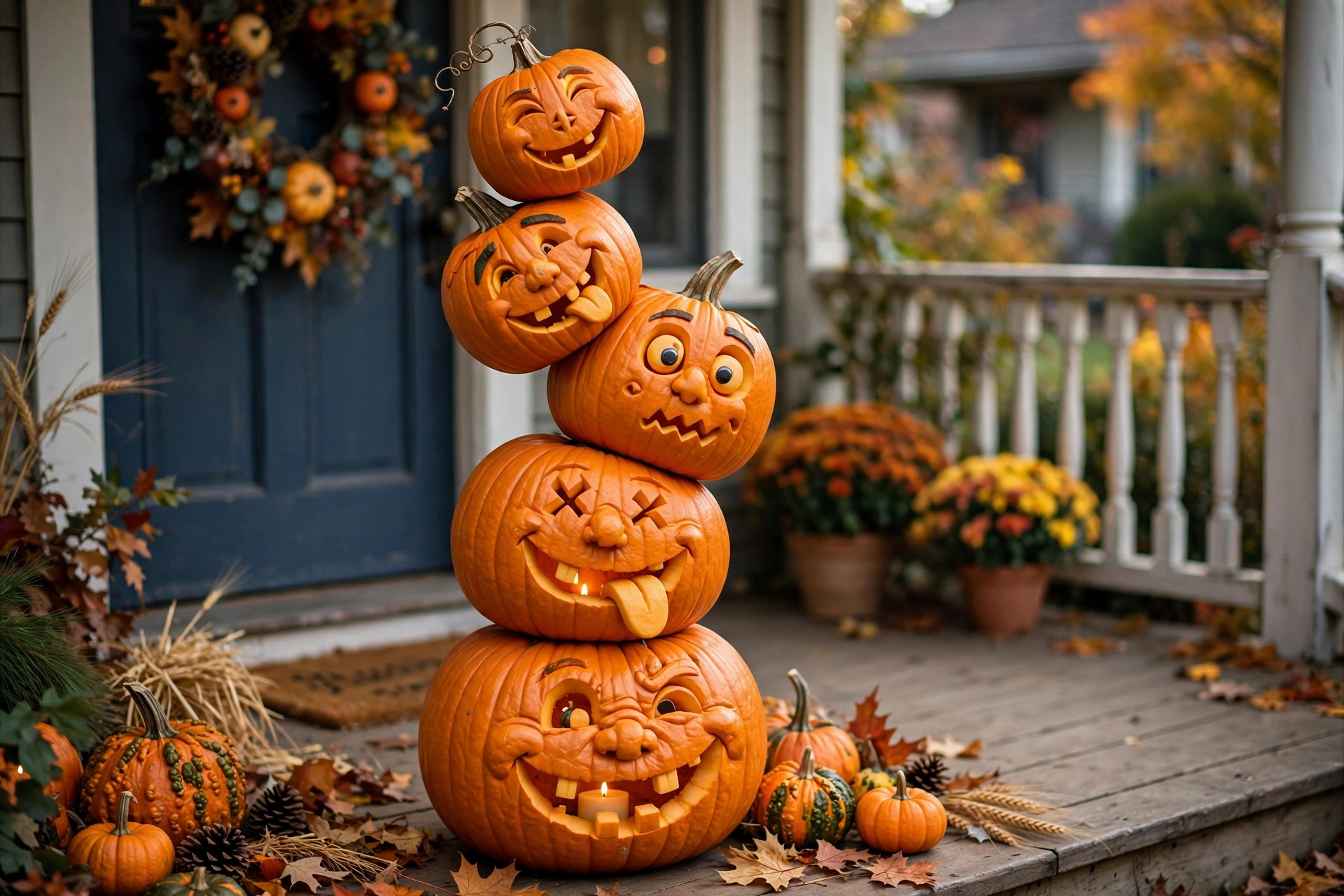 Stack of carved pumpkins with silly faces forming a wobbly totem pole on a porch.