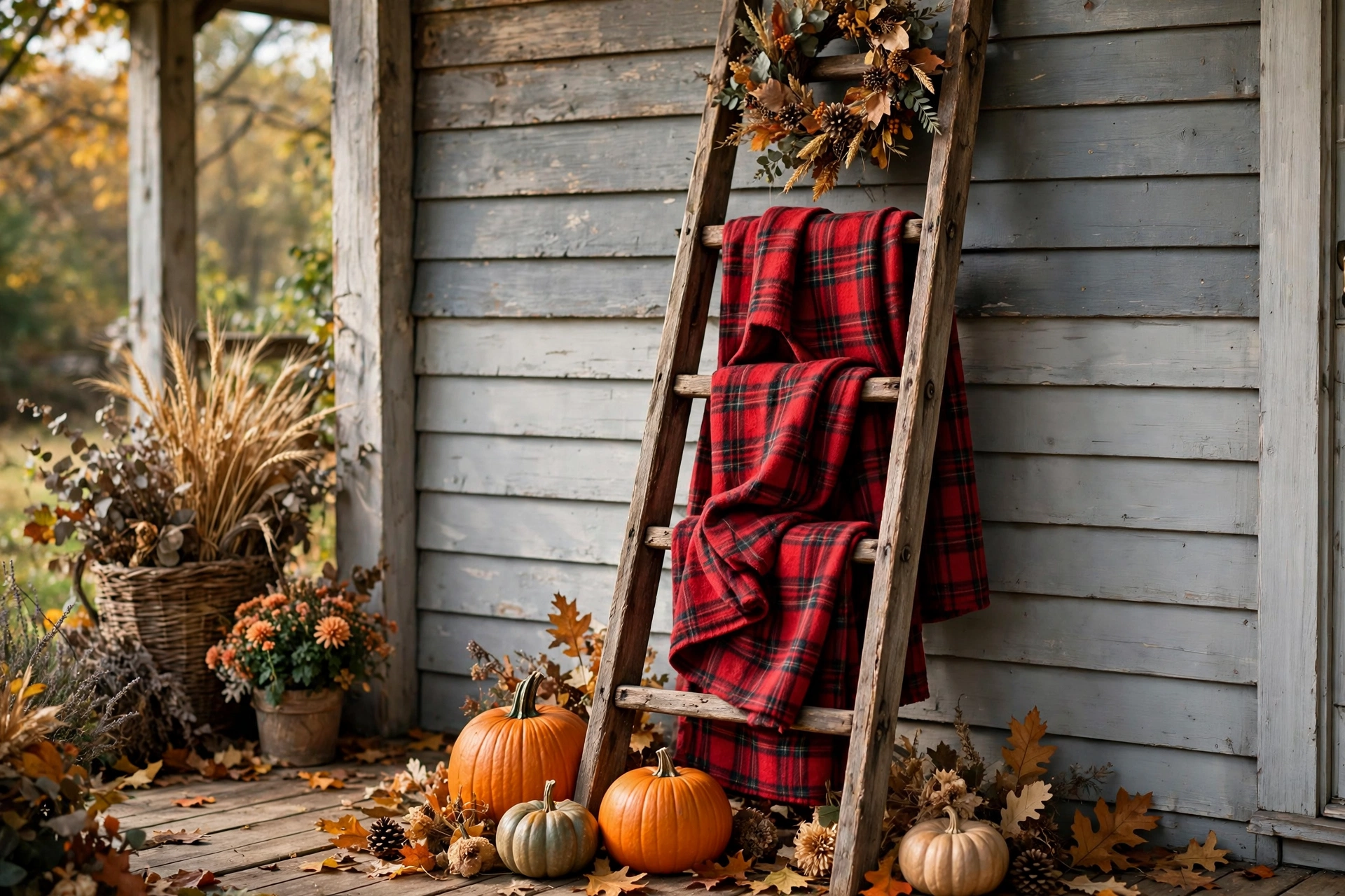 Rustic wooden ladder with plaid blankets draped over the rungs on a porch.