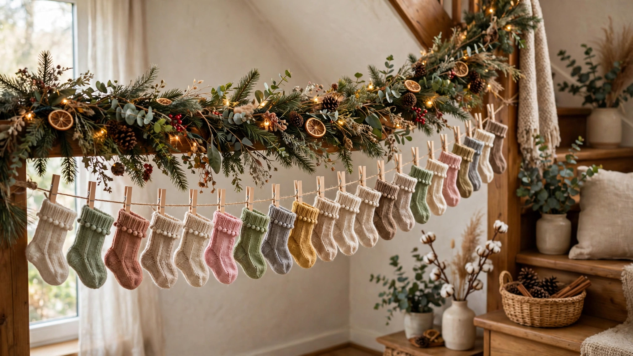 Twenty-five small numbered advent stockings hanging in a row along a stair railing.