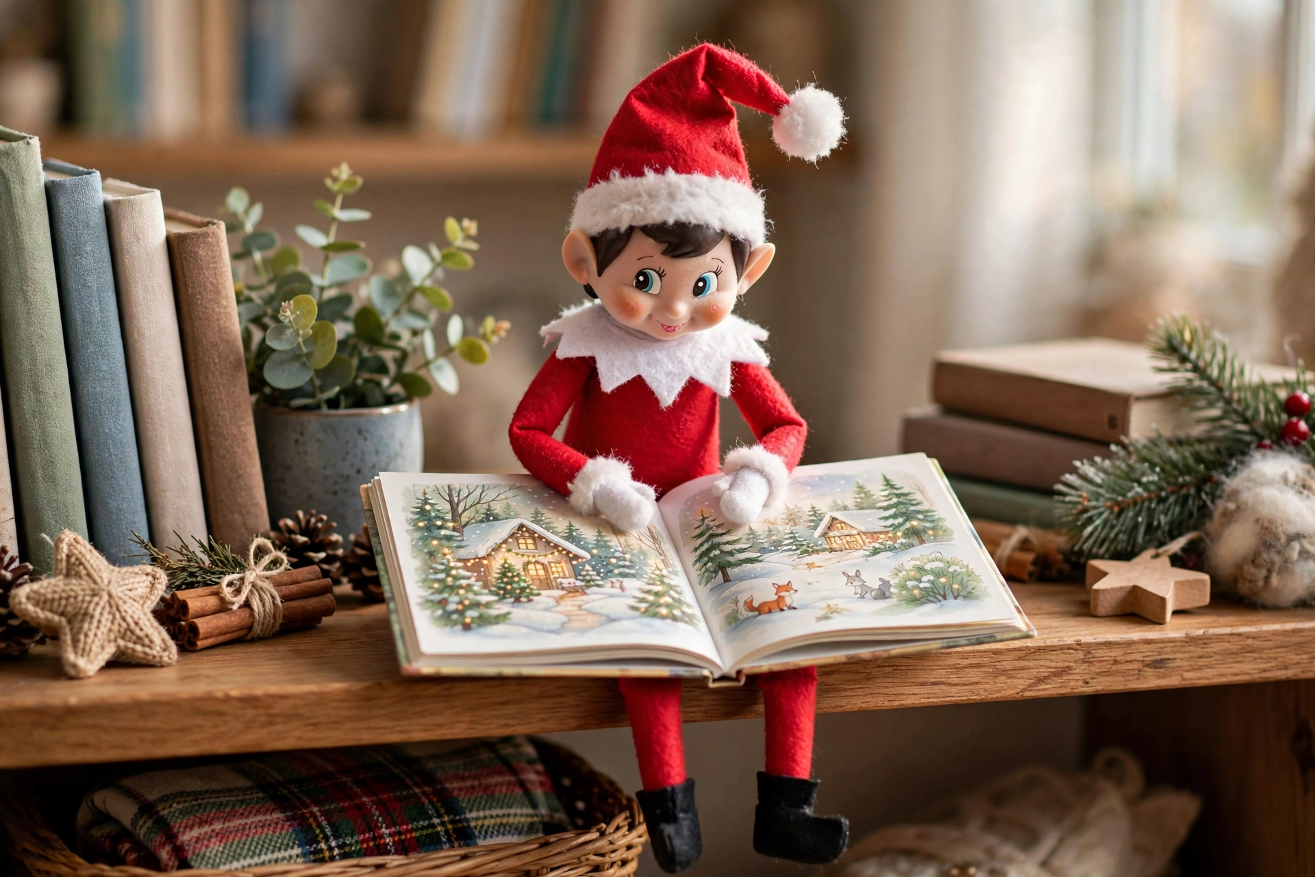 Elf reading on the bookshelf — elf on the shelf arrival idea