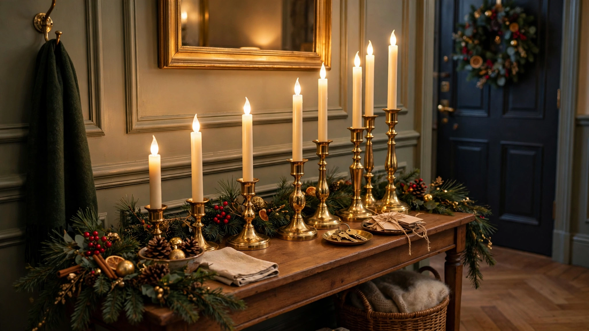 Brass candle holders of varying heights on an entryway console