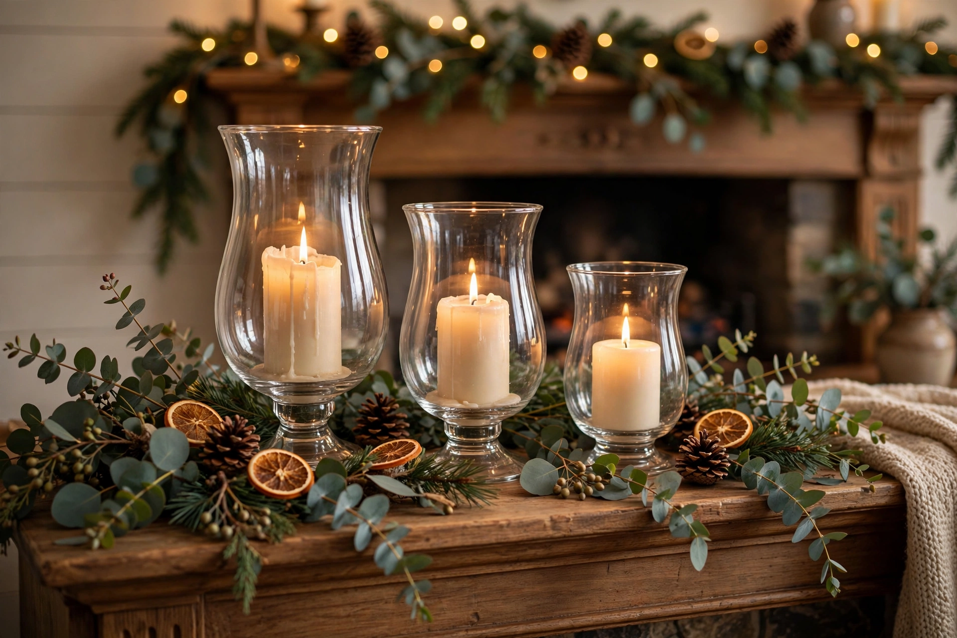 Trio of glass hurricane candle holders with pillar candles on a mantel with eucalyptus sprigs.