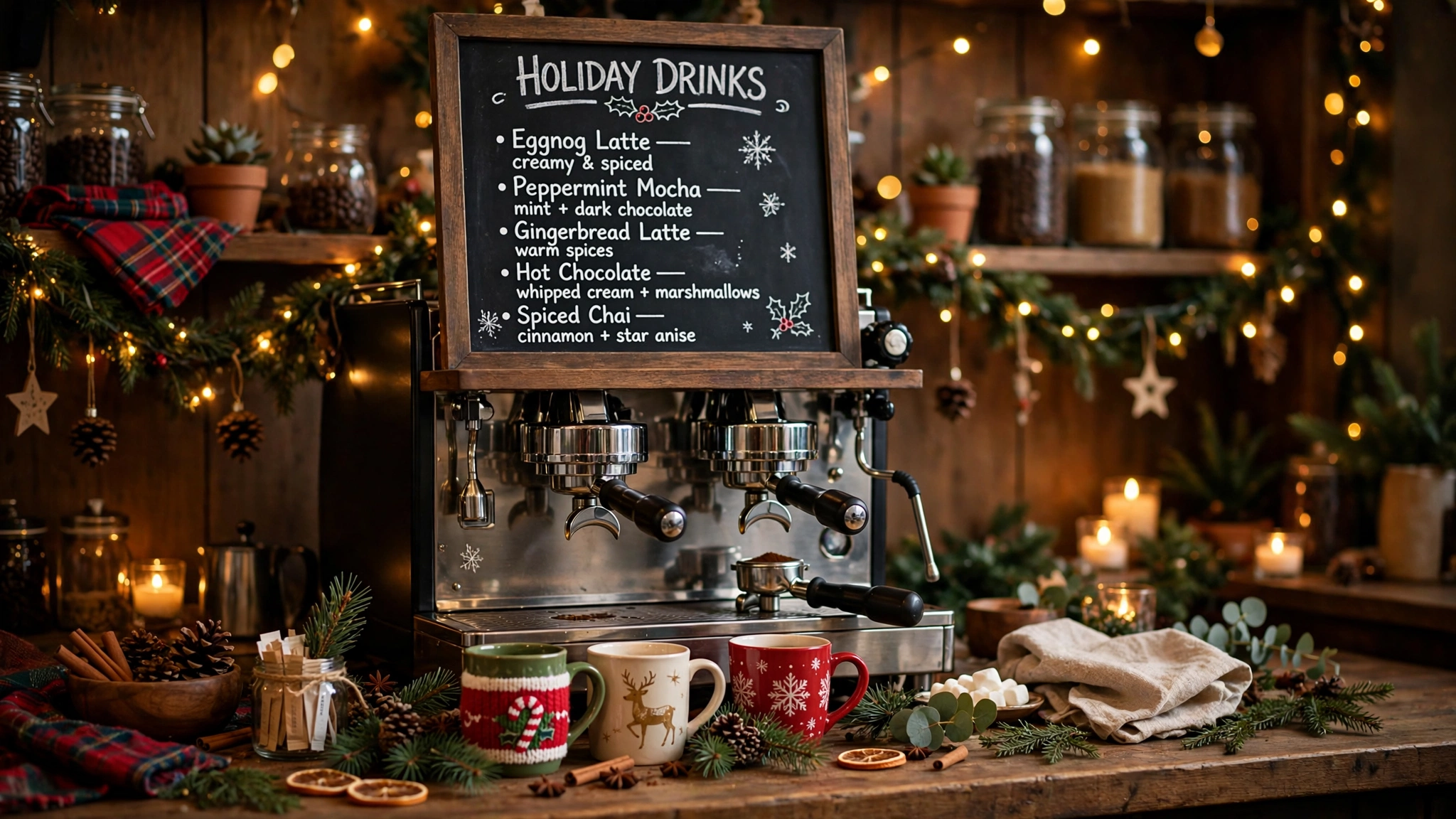 Coffee bar with hand-lettered chalkboard holiday drink menu