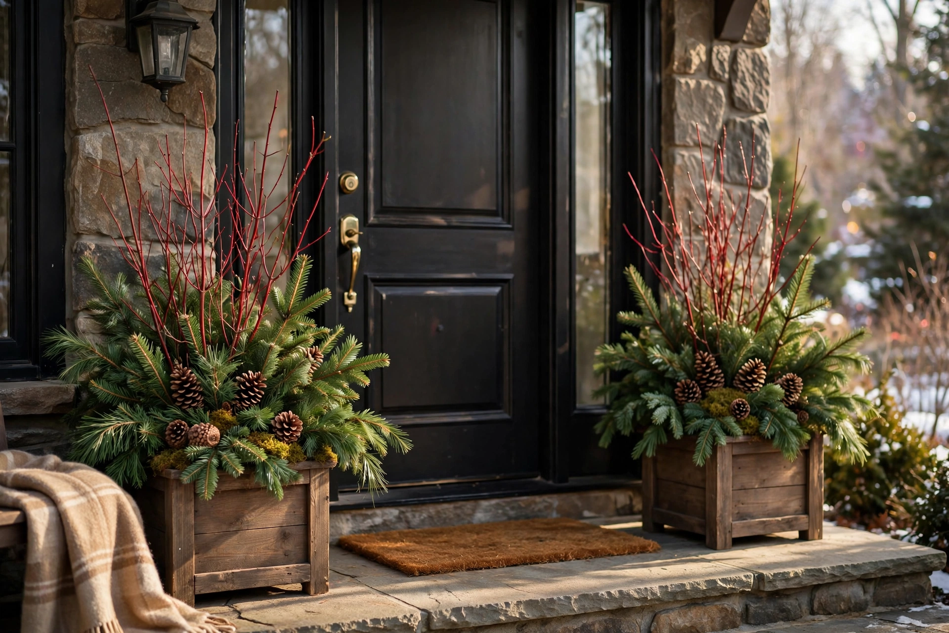 Christmas porch pots — Christmas door idea